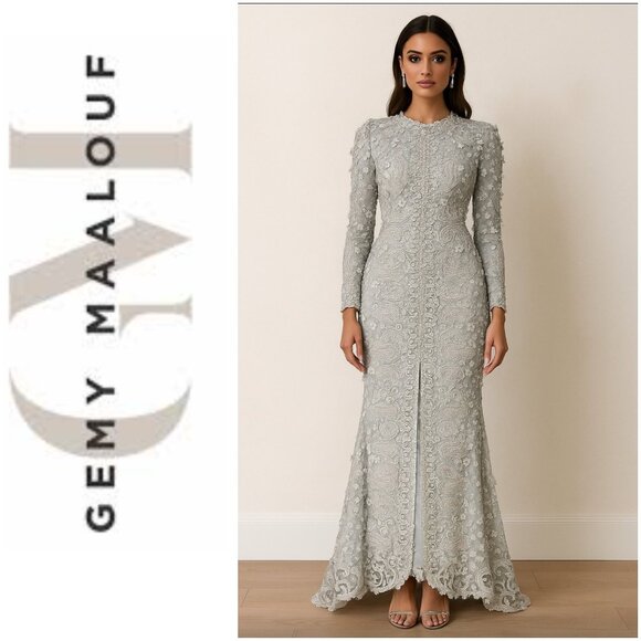 Gemy Maalouf Lace Evening Gown Light Grey Embroidered Long Sleeve Slit Front 12 - Picture 1 of 16